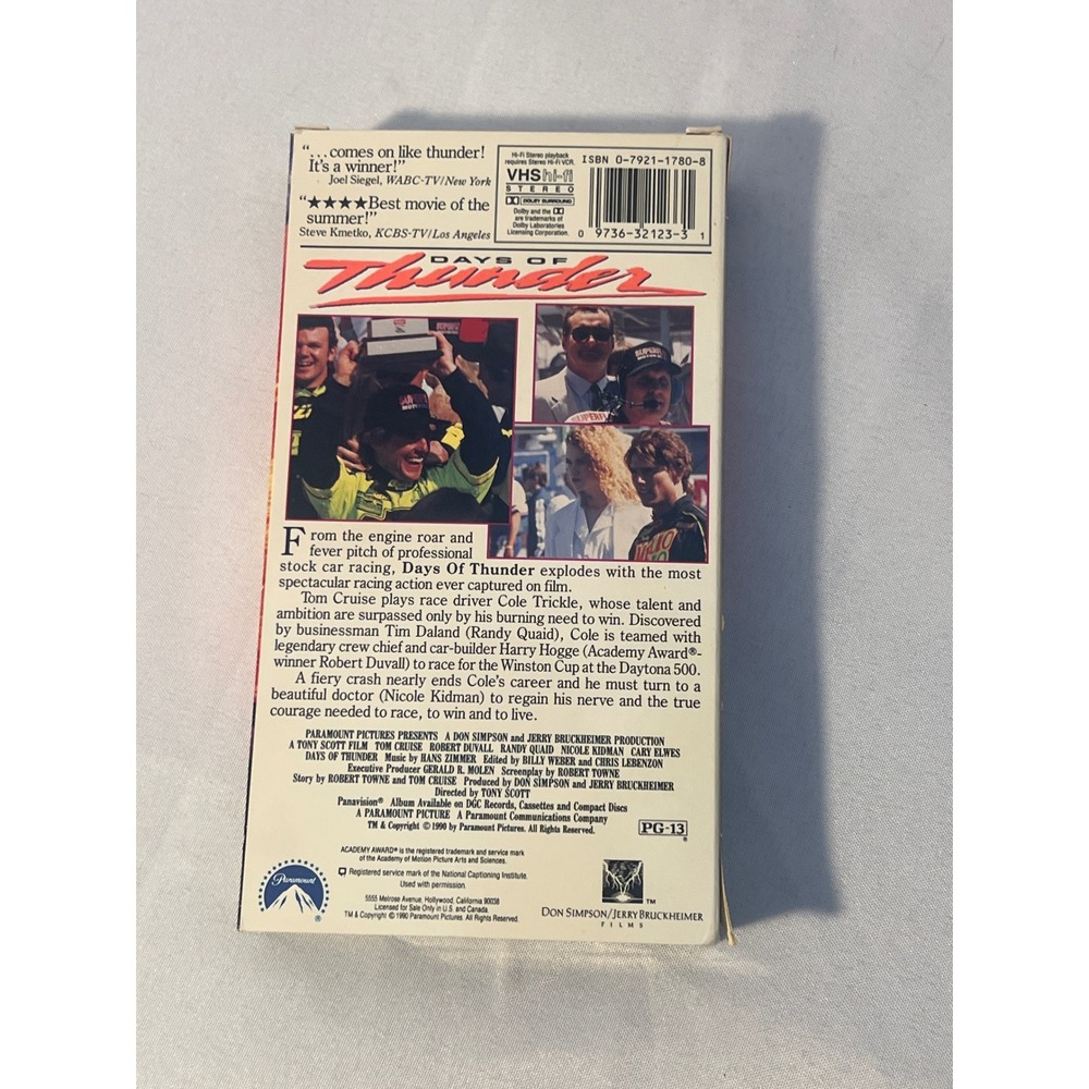 Days of Thunder Tom Cruise VHS Movie PG-13 Paramount 1990 Color 107 Min Stereo - Picture 2 of 6